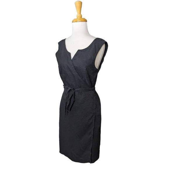 Aday Wind Down Wrap Dress Medium Black Linen Blend Pockets Belted - Picture 5 of 16